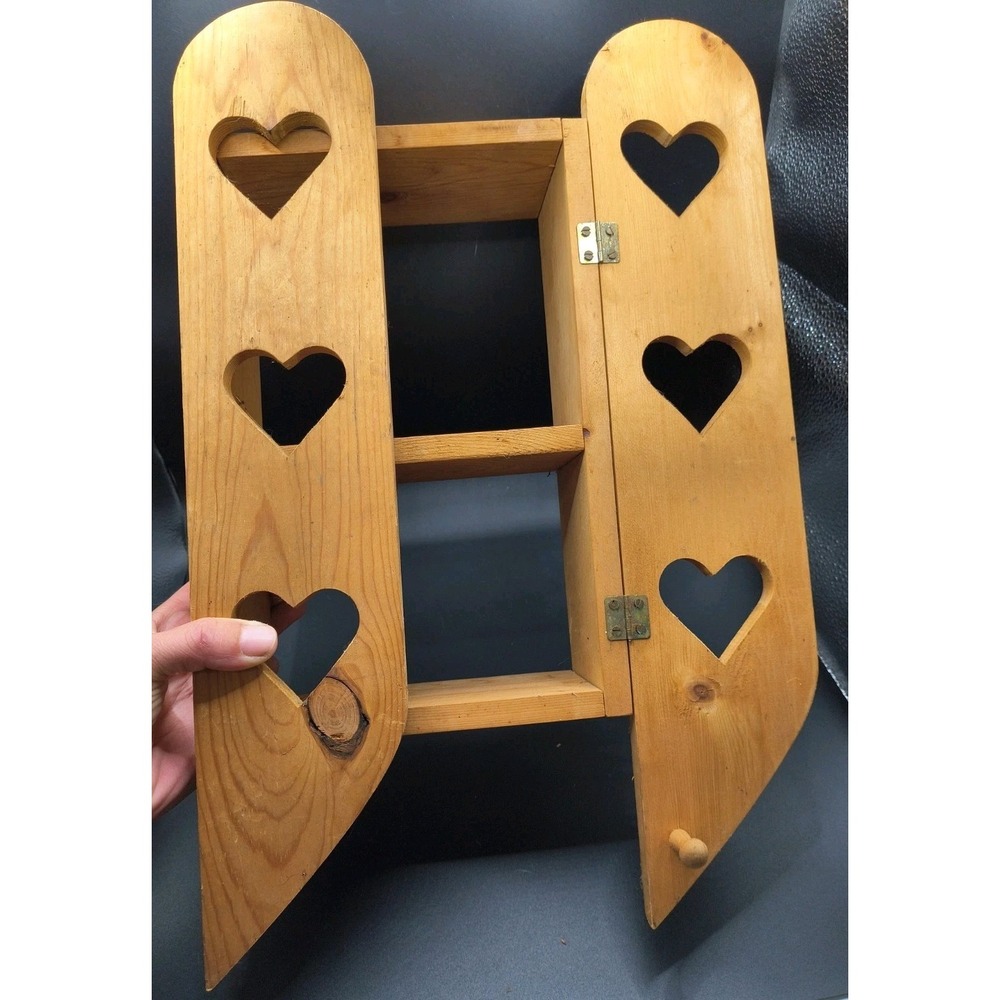 Vintage 1980-90s Country Wood Wall Shelf Heart Cutout Cabinet With Pegs 16"